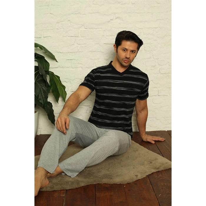 MİRAY- Erkek Siyah V Yaka 3lü Pijama Takım