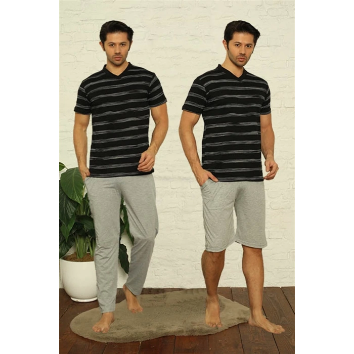 MİRAY- Erkek Siyah V Yaka 3lü Pijama Takım