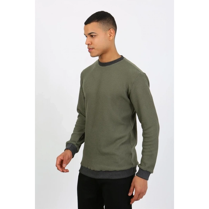 MİRAY- Erkek Uzun Kol Manşetli Paça Penye Pijama Takımı Haki