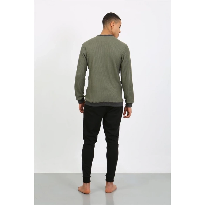 MİRAY- Erkek Uzun Kol Manşetli Paça Penye Pijama Takımı Haki