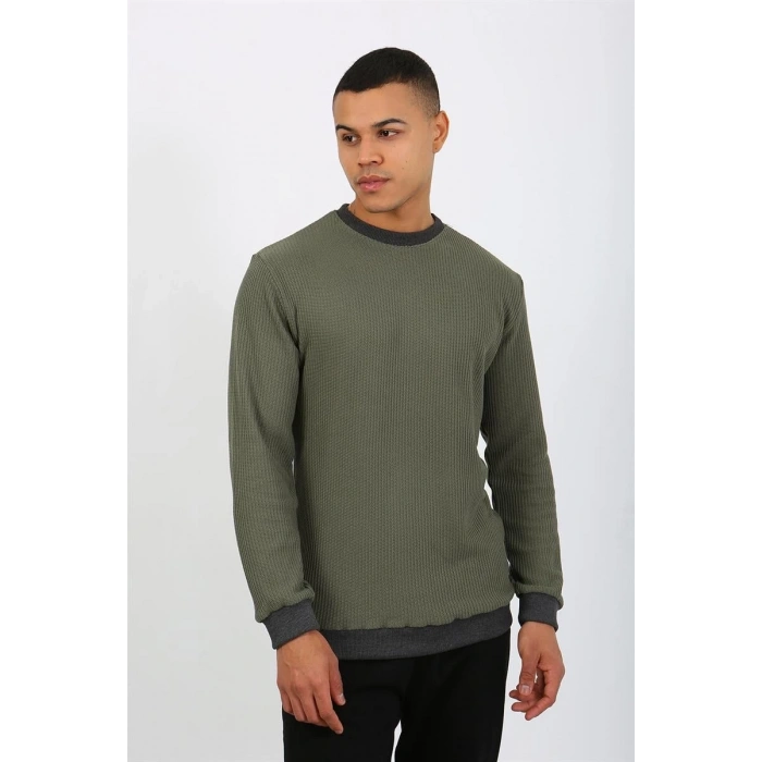 MİRAY- Erkek Uzun Kol Manşetli Paça Penye Pijama Takımı Haki