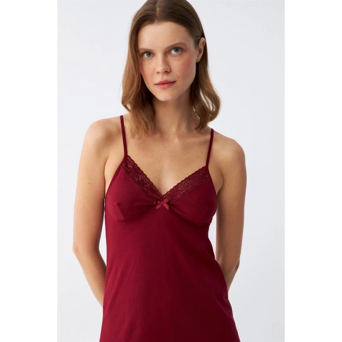 MİRAY- İp Askılı Penye Gecelik Bordo