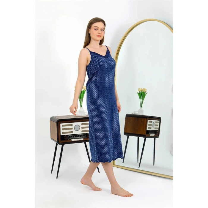 MİRAY- İp Askılı Uzun Yırtmaçlı Penye Gecelik Lacivert