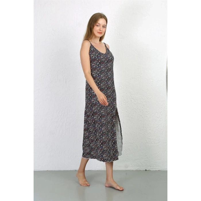 MİRAY- İp Askılı Uzun Yırtmaçlı Penye Gecelik Lacivert