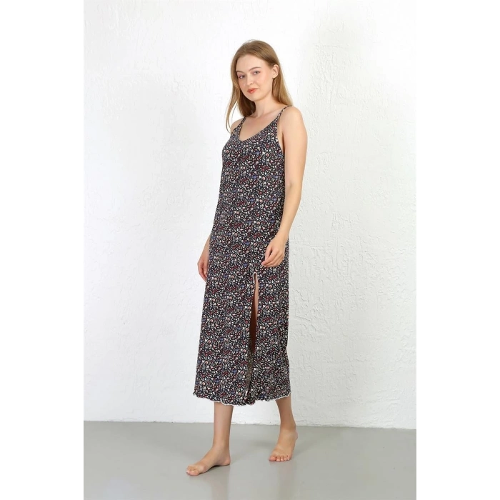 MİRAY- İp Askılı Uzun Yırtmaçlı Penye Gecelik Lacivert