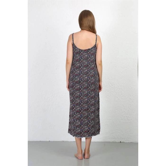 MİRAY- İp Askılı Uzun Yırtmaçlı Penye Gecelik Lacivert