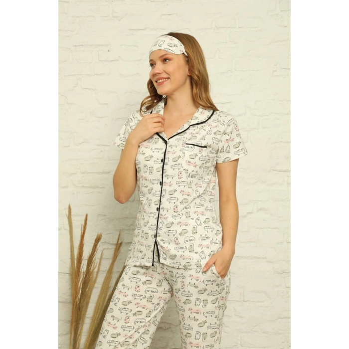 MİRAY- Kadın %100 Pamuk Önden Düğmeli Kısa Kol Pijama Takım Ekru