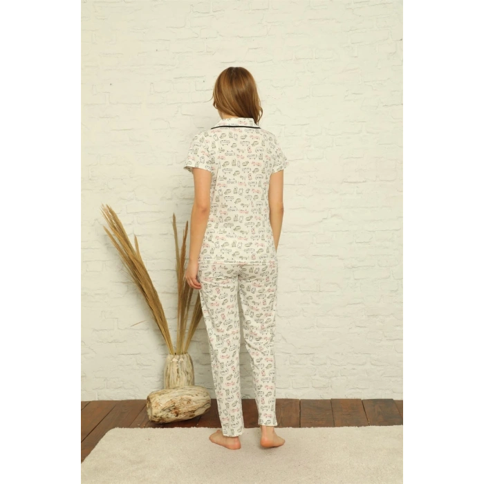 MİRAY- Kadın %100 Pamuk Önden Düğmeli Kısa Kol Pijama Takım Ekru