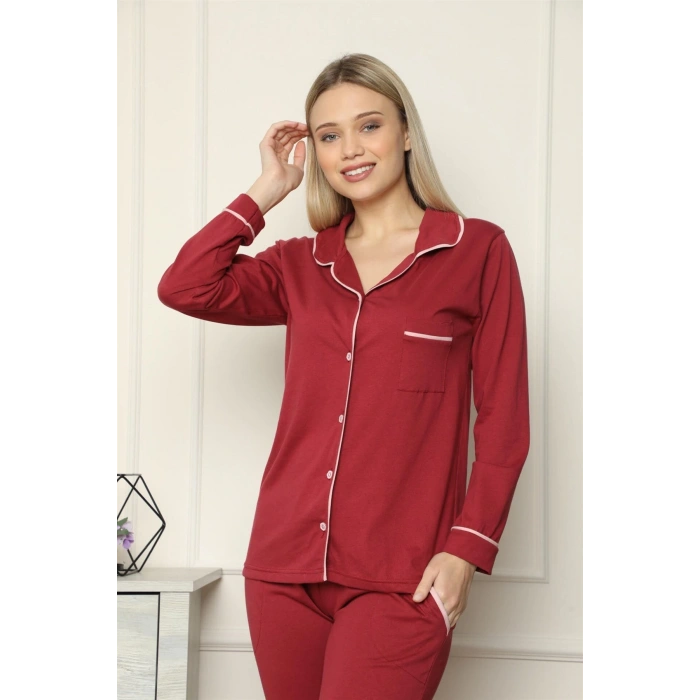 MİRAY- Kadın %100 Pamuk Penye Önden Düğmeli Uzun Kol Pijama Takım Bordo