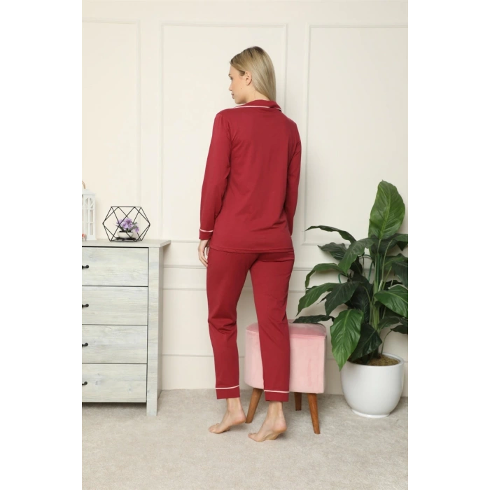 MİRAY- Kadın %100 Pamuk Penye Önden Düğmeli Uzun Kol Pijama Takım Bordo