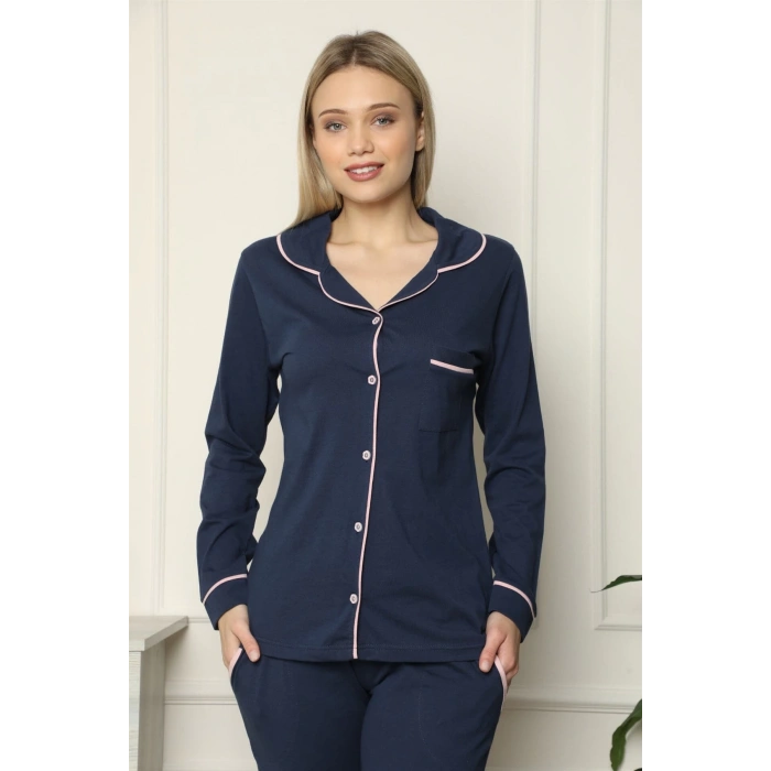MİRAY- Kadın %100 Pamuk Penye Önden Düğmeli Uzun Kol Pijama Takım Lacivert