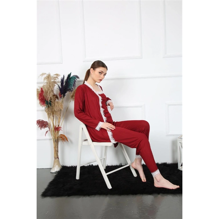 MİRAY- Kadın 3lü Bordo Sabahlık Takım