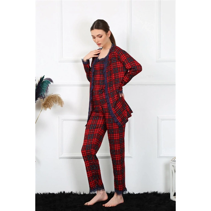 MİRAY- Kadın 3lü Ekoseli Sabahlık Takım Kırmızı