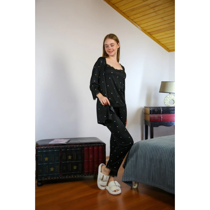 MİRAY- Kadın 3lü Sabahlık Pijama Takım Siyah