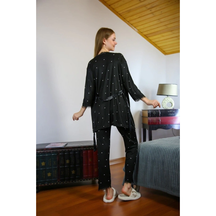 MİRAY- Kadın 3lü Sabahlık Pijama Takım Siyah