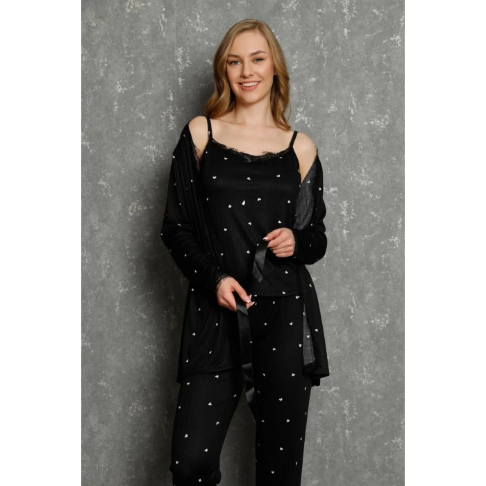 MİRAY- Kadın 3lü Sabahlık Pijama Takım Siyah