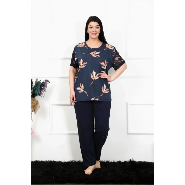 MİRAY- Kadın 5XL-6XL-7XL-8XL Büyük Beden Kısa Kol Pijama Takım Lacivert
