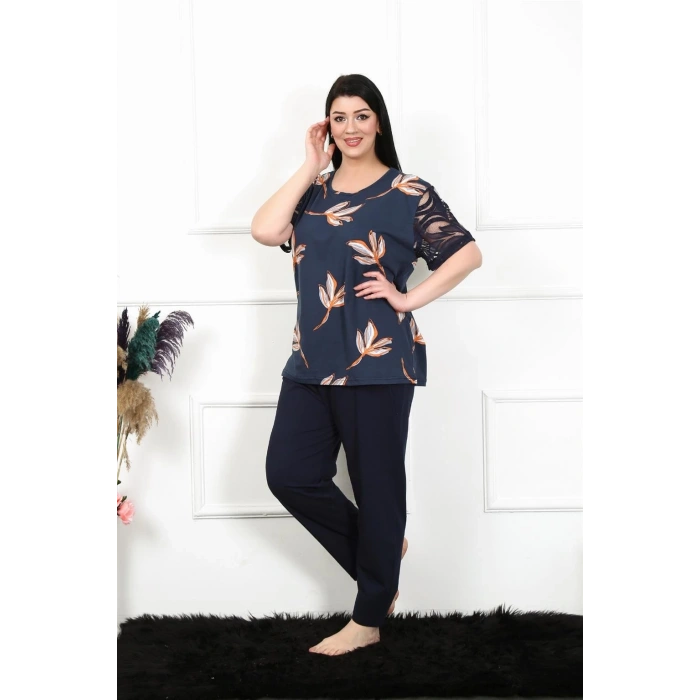 MİRAY- Kadın 5XL-6XL-7XL-8XL Büyük Beden Kısa Kol Pijama Takım Lacivert