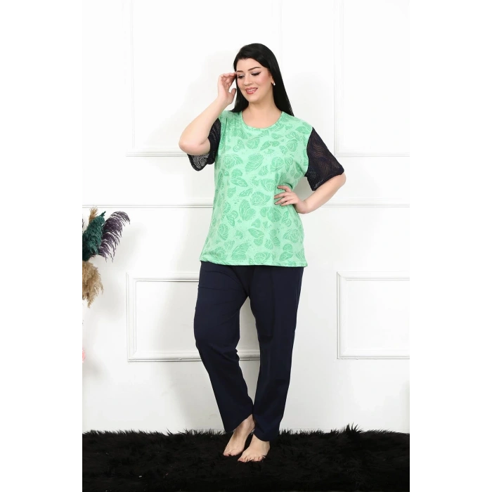 MİRAY- Kadın 5XL-6XL-7XL-8XL Büyük Beden Kısa Kol Pijama Takım Yeşil