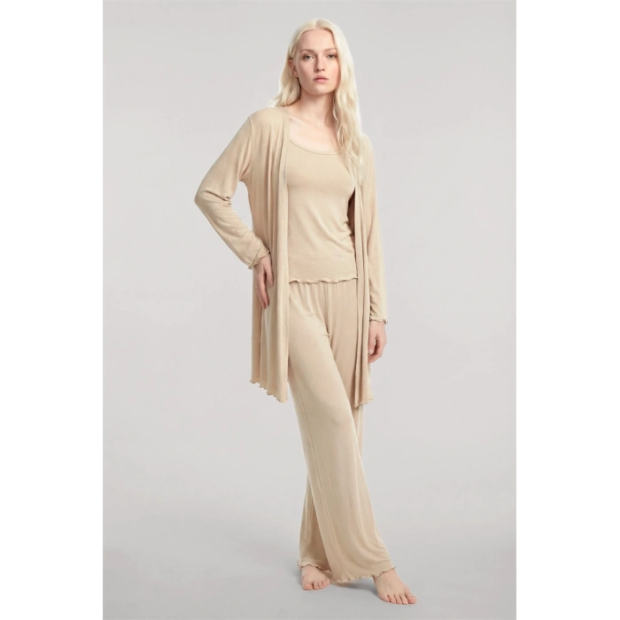 MİRAY- Kadın Bej Kısa Kimono 3’lü Takım Yumuşak Dokulu Şık Rahat Ev Giyim Seti