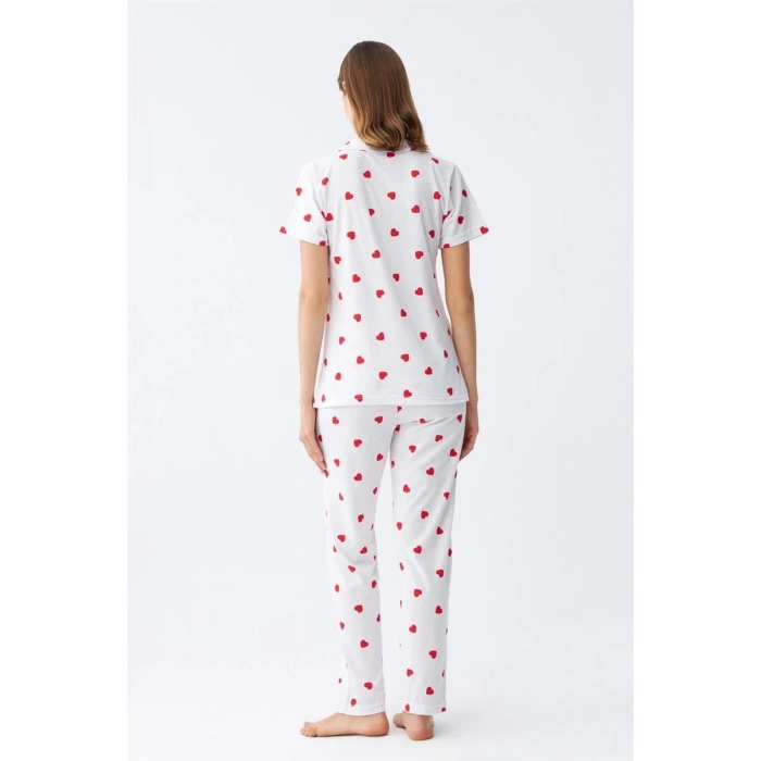 MİRAY- Kadın Beyaz Kırmızı Kalpli Önden Düğmeli Pijama Takımı