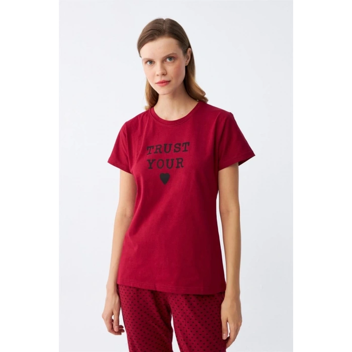 MİRAY- Kadın Bordo Kalp Desenli Kısa Kollu Penye Pijama Takımı
