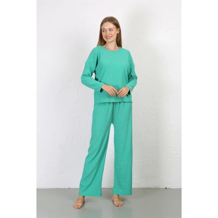 MİRAY- Kadın Bürümcük Kumaş Pijama Takım Yeşil
