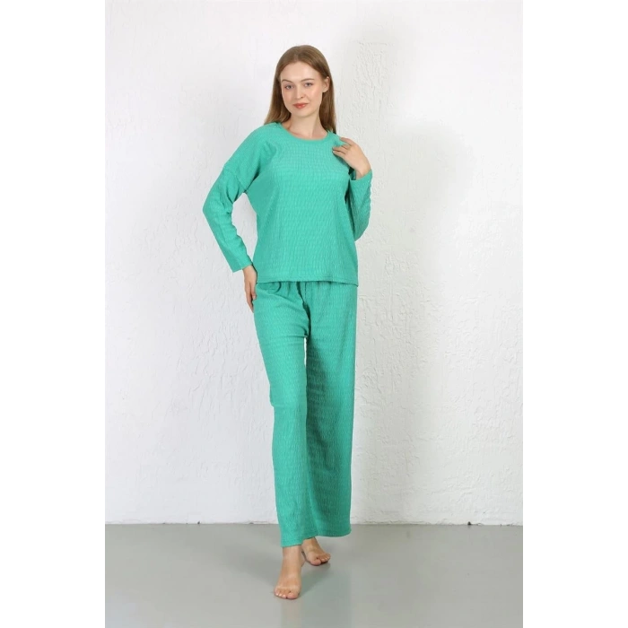 MİRAY- Kadın Bürümcük Kumaş Pijama Takım Yeşil