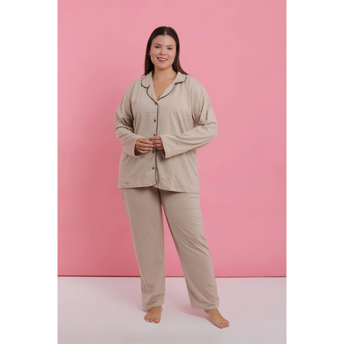 MİRAY- Kadın Büyük Beden Bej Düğmeli Pijama Takımı