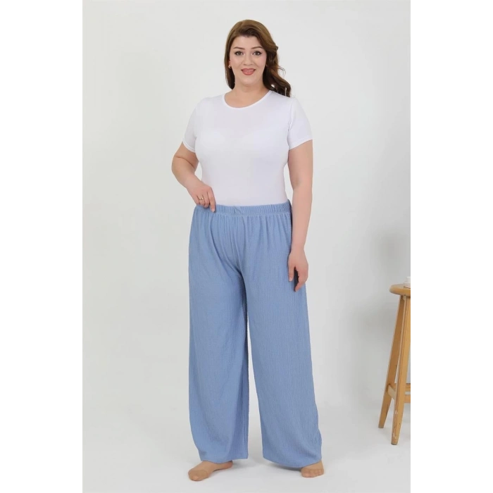 MİRAY- Kadın Büyük Beden Bürümcük Pantolon  Mavi