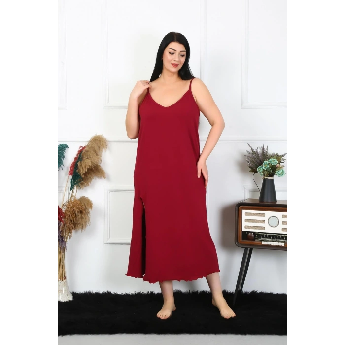 MİRAY- Kadın Büyük Beden İp Askılı Pamuklu Bordo Uzun Gecelik