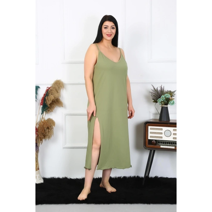 MİRAY- Kadın Büyük Beden İp Askılı Pamuklu Haki Uzun Gecelik