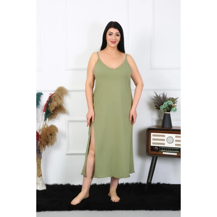 MİRAY- Kadın Büyük Beden İp Askılı Pamuklu Haki Uzun Gecelik