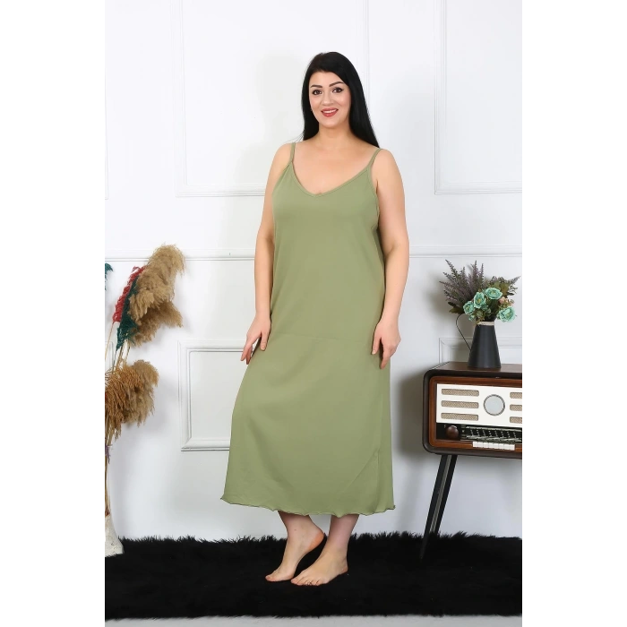 MİRAY- Kadın Büyük Beden İp Askılı Pamuklu Haki Uzun Gecelik