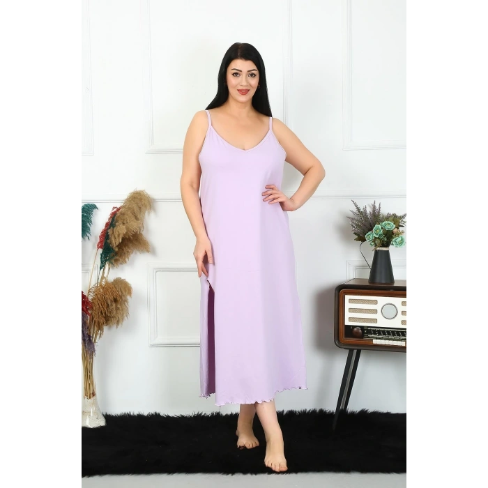 MİRAY- Kadın Büyük Beden İp Askılı Pamuklu Lila Uzun Gecelik