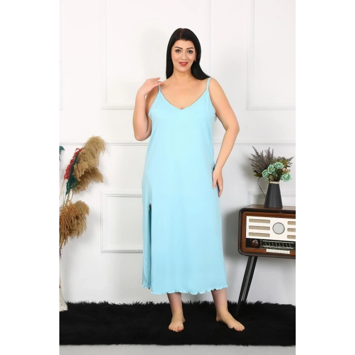 MİRAY- Kadın Büyük Beden İp Askılı Pamuklu Mavi Uzun Gecelik