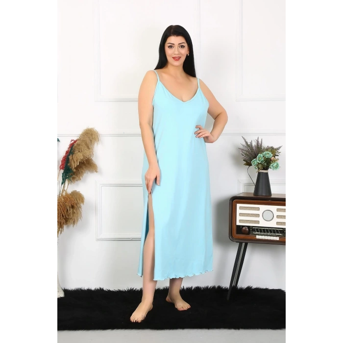 MİRAY- Kadın Büyük Beden İp Askılı Pamuklu Mavi Uzun Gecelik