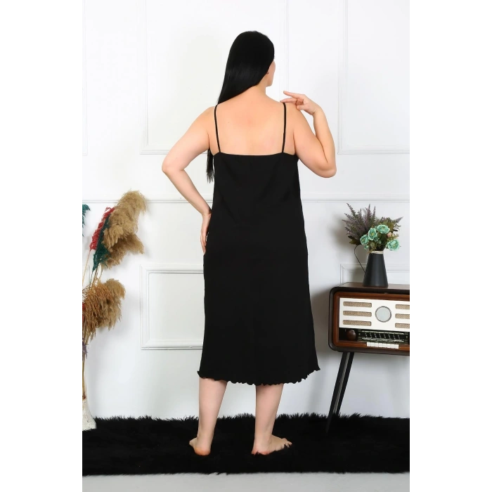 MİRAY- Kadın Büyük Beden İp Askılı Pamuklu Siyah Uzun Gecelik