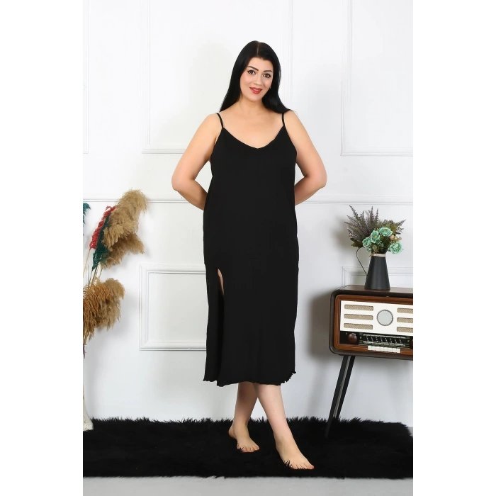 MİRAY- Kadın Büyük Beden İp Askılı Pamuklu Siyah Uzun Gecelik