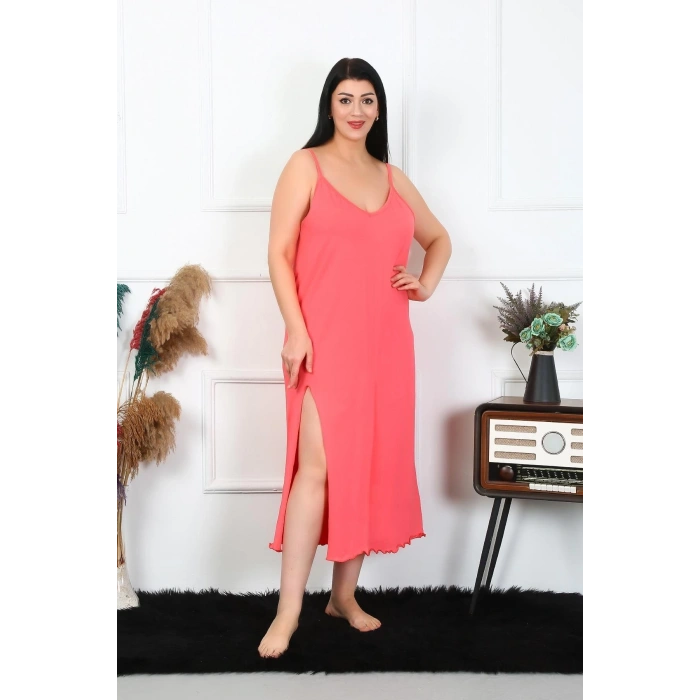 MİRAY- Kadın Büyük Beden İp Askılı Pamuklu Somon Uzun Gecelik