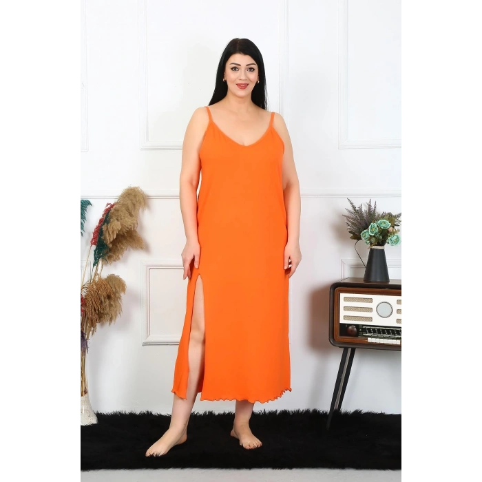 MİRAY- Kadın Büyük Beden İp Askılı Pamuklu Turuncu Uzun Gecelik