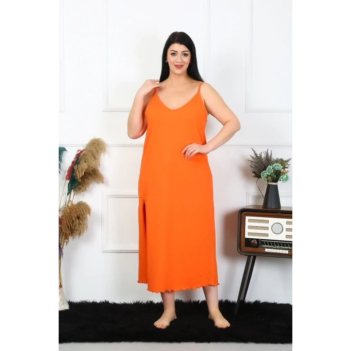 MİRAY- Kadın Büyük Beden İp Askılı Pamuklu Turuncu Uzun Gecelik