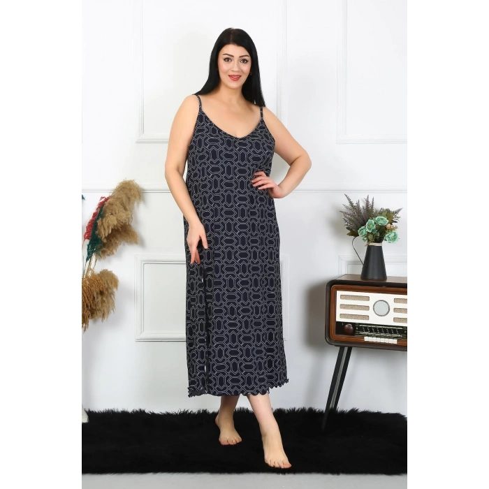 MİRAY- Kadın Büyük Beden İp Askılı Pamuklu Uzun Gecelik