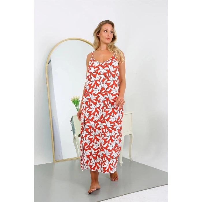 MİRAY- Kadın Büyük Beden İp Askılı Pamuklu Uzun Gecelik