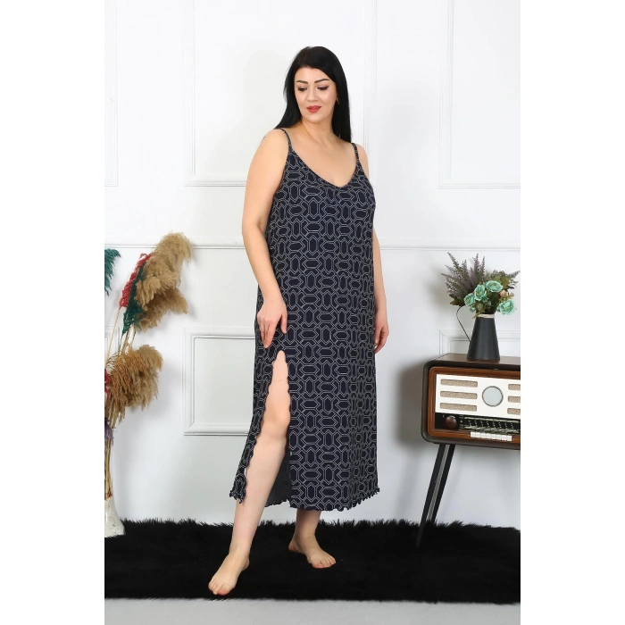 MİRAY- Kadın Büyük Beden İp Askılı Pamuklu Uzun Gecelik