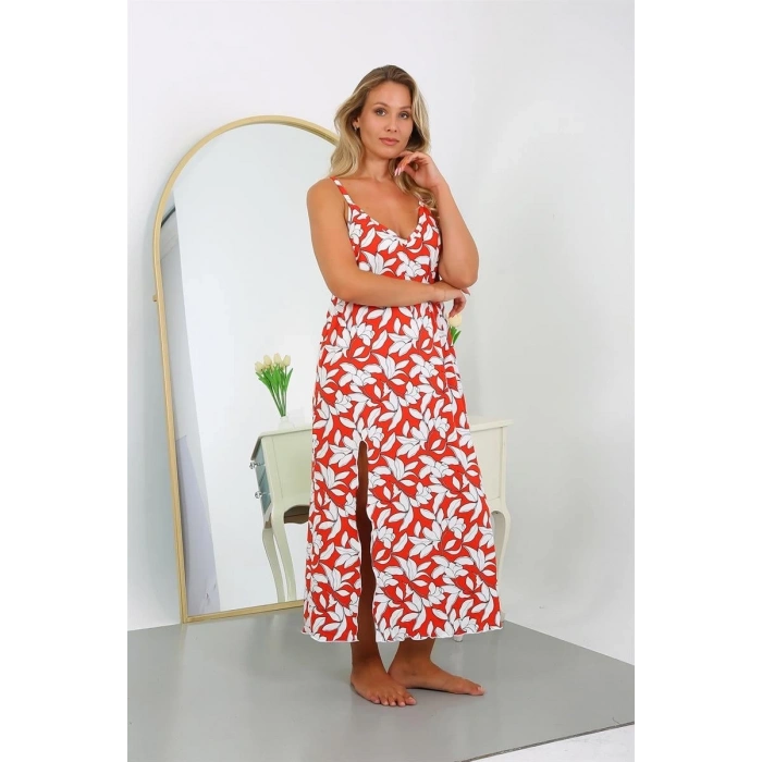 MİRAY- Kadın Büyük Beden İp Askılı Pamuklu Uzun Gecelik