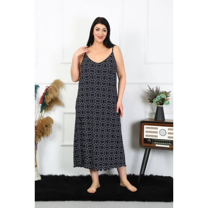 MİRAY- Kadın Büyük Beden İp Askılı Pamuklu Uzun Gecelik