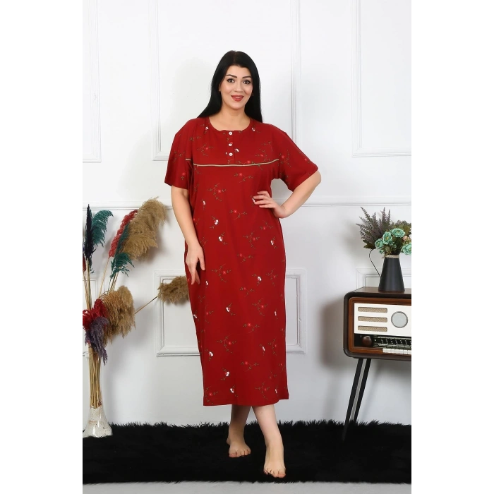 MİRAY- Kadın Büyük Beden Kısa Kol Bordo Anne Gecelik