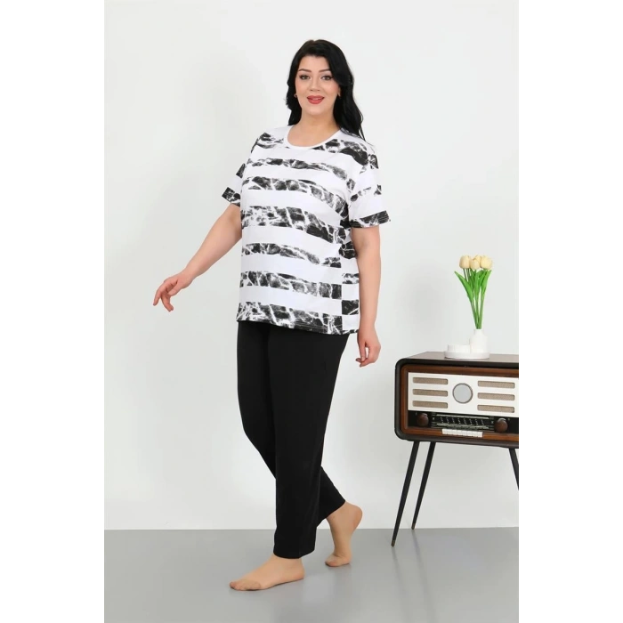 MİRAY- Kadın Büyük Beden Kısa Kol Penye Pijama Takımı Beyaz