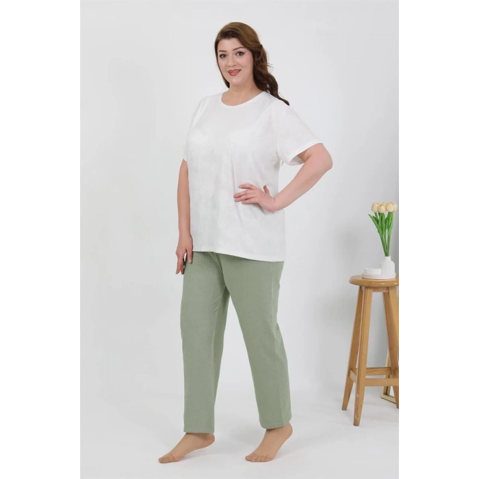 MİRAY- Kadın Büyük Beden Kısa Kol Penye Pijama Takımı Beyaz